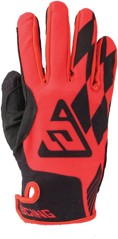 Red and black glove with a logo on a white background