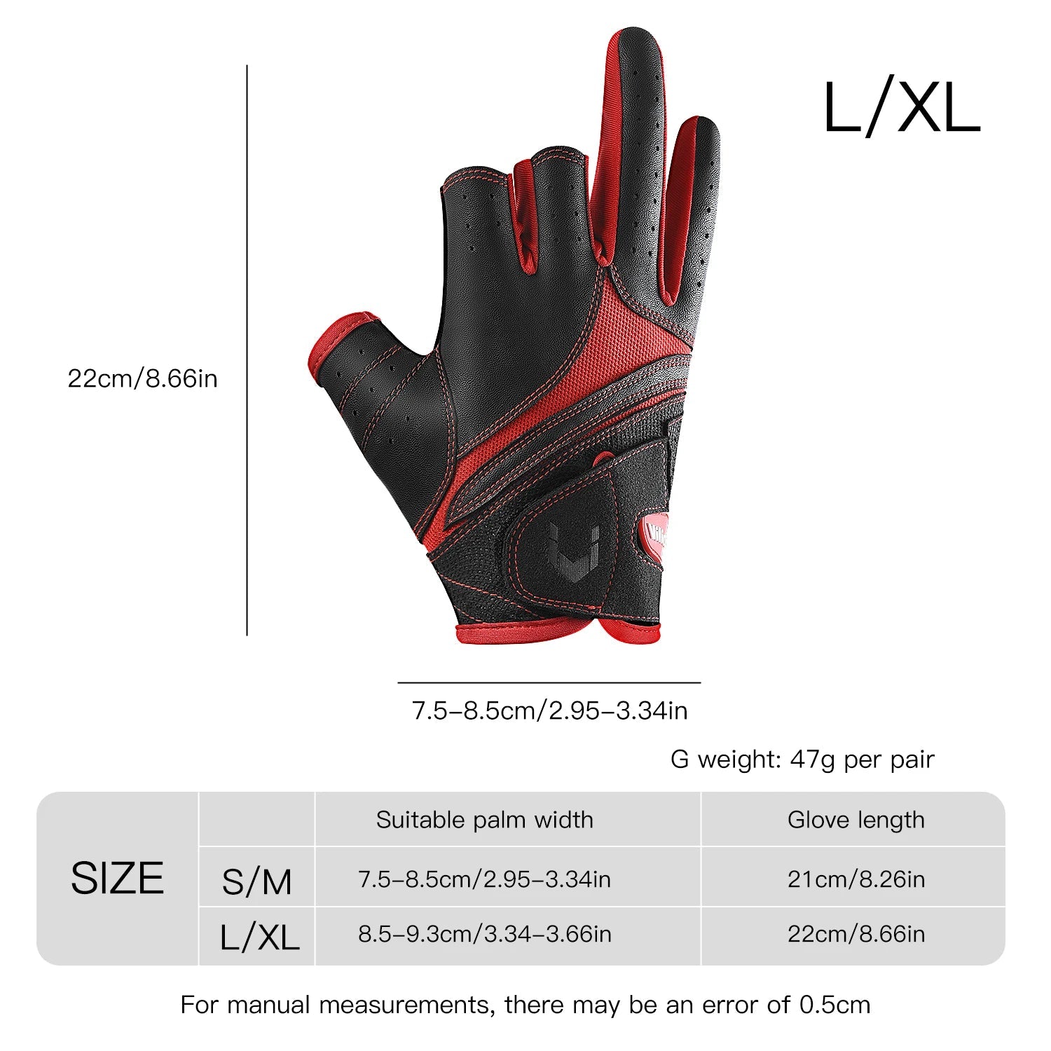 Black and red glove with size and measurement details on a white background