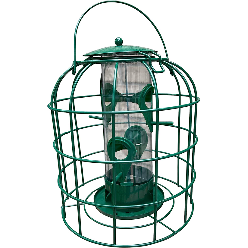 Green bird feeder with clear container on a white background
