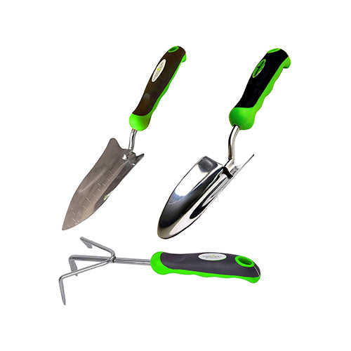 Three gardening tools with green handles on a white background