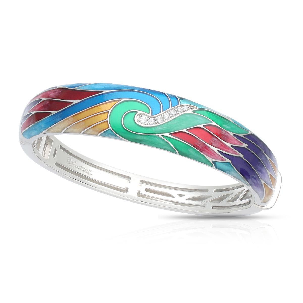 Colorful enamel bracelet with a silver band on a white background