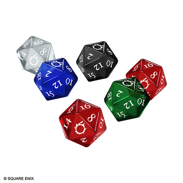Set of polyhedral dice in red, green, blue, black, and silver on a white background.