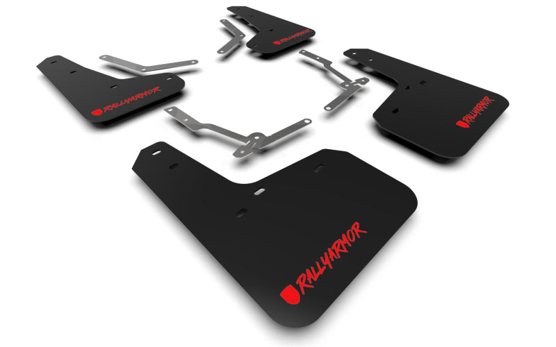 Set of black mud flaps with red logo on a white background