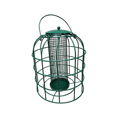 Green bird feeder with wire cage on a white background
