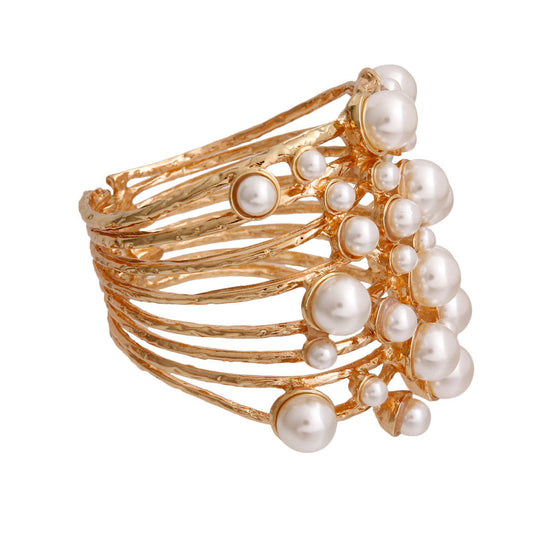 Cream Pearl Studded Gold Hinge Cuff