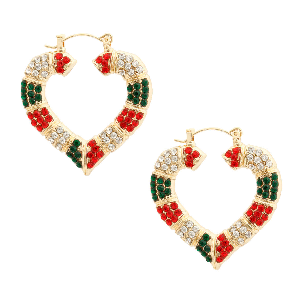 Red and Green Bling Heart Bamboo Hoops