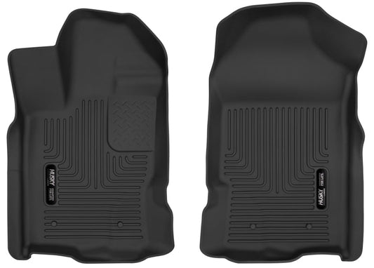Two black car floor mats with a brand logo on a white background