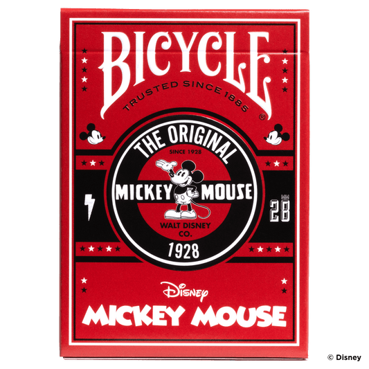 Red Bicycle Mickey Mouse playing card deck packaging on a gray background