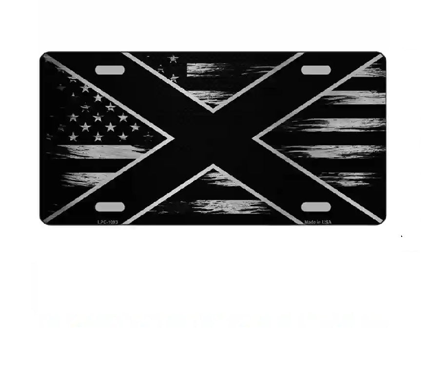 Black and white license plate with a design alabama flag cross over an American flag.