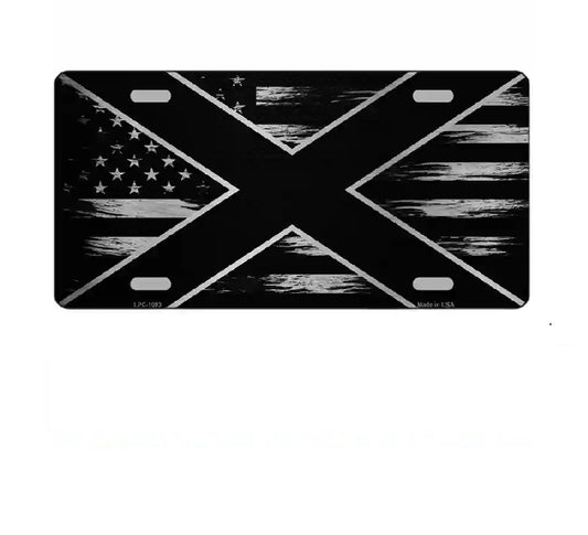 Black and white license plate with a design alabama flag cross over an American flag.
