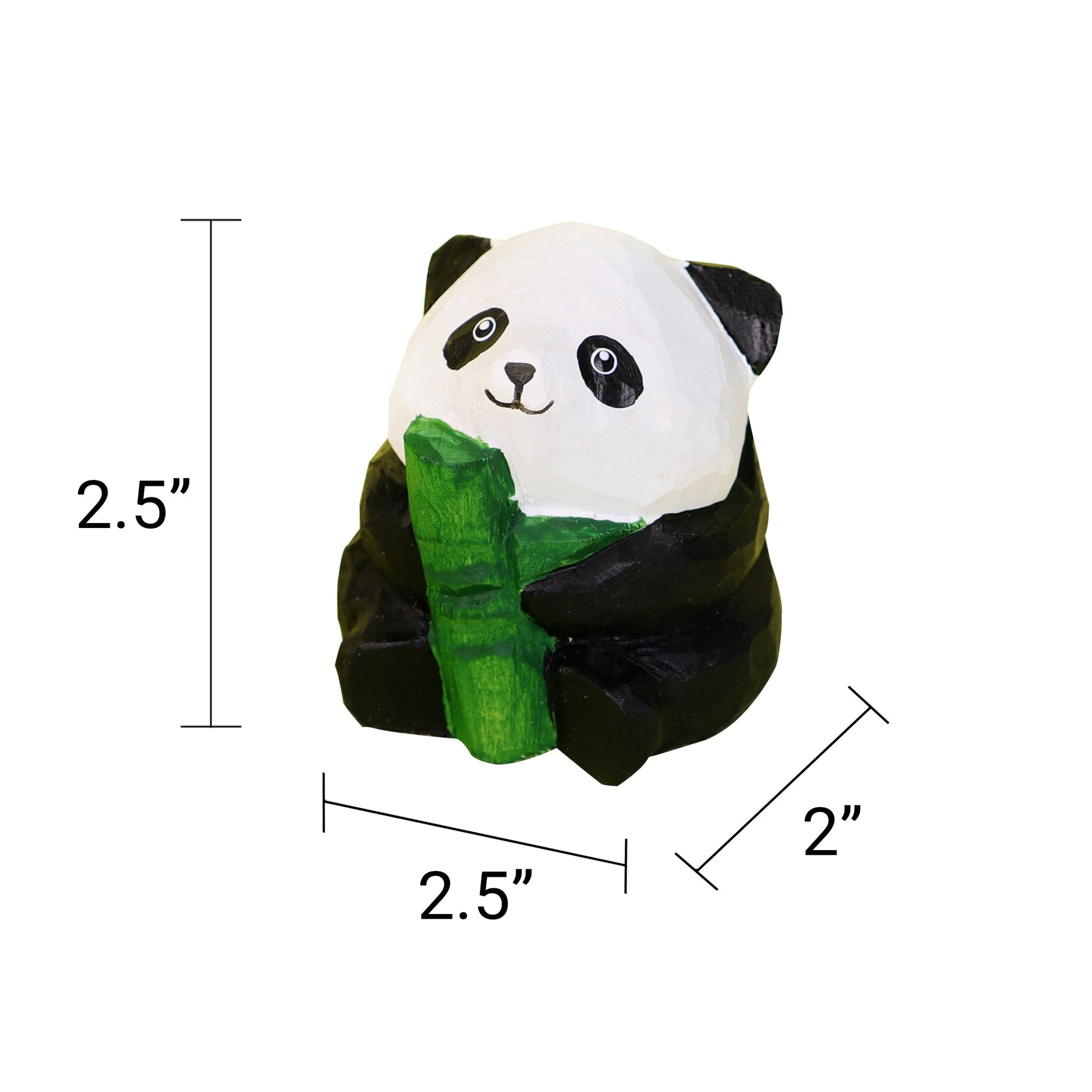 Panda toy holding bamboo with dimensions on a white background