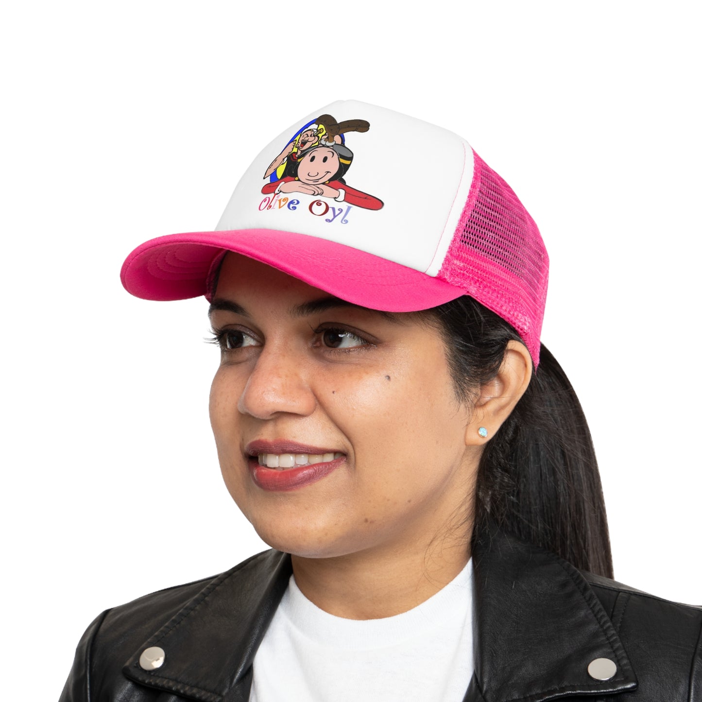 Pink Olive Oyl Popeye Mesh Polyester Ball Cap Modeled