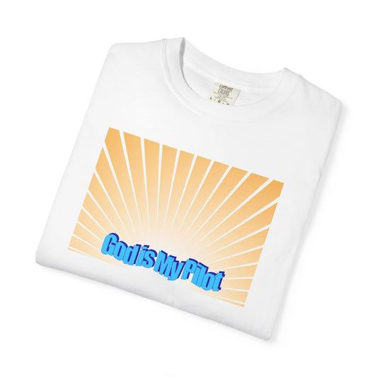 White t-shirt with a sunburst design and 'God is My Pilot' text on a white background