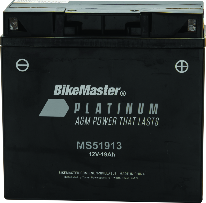 BikeMaster Platinum battery with branding and specifications on a black background