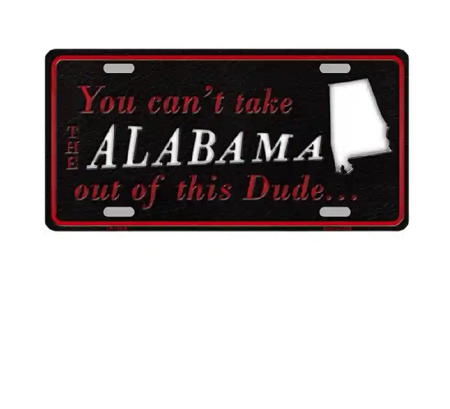 License plate with Alabama text and map on a black background