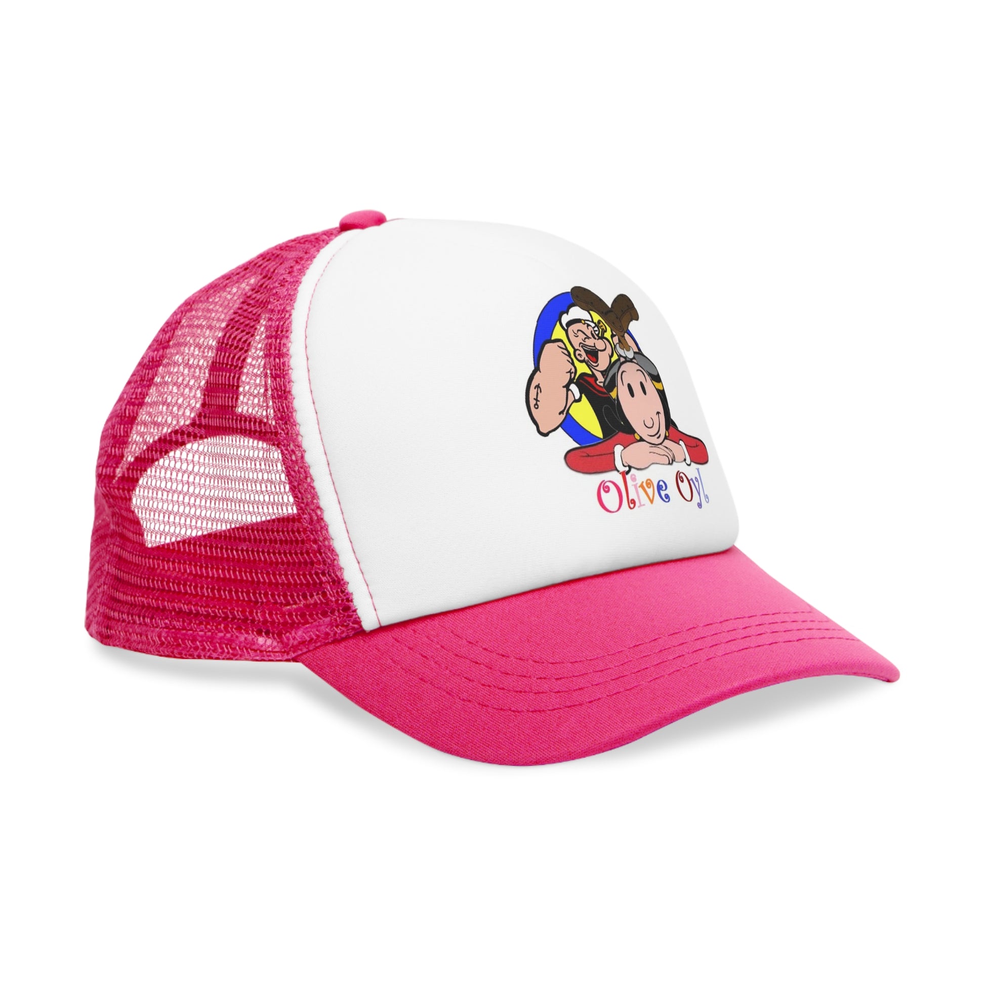 Side View Olive Oyl Popeye Mesh Polyester Ball Cap Pink