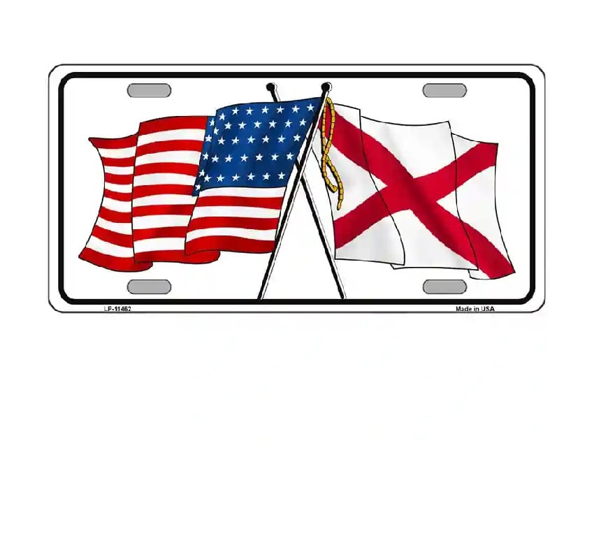 License plate with American and Alabama flags on a white background