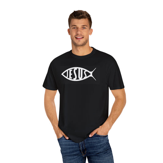Man wearing a black t-shirt with a white fish symbol and 'JESUS' text on a white background