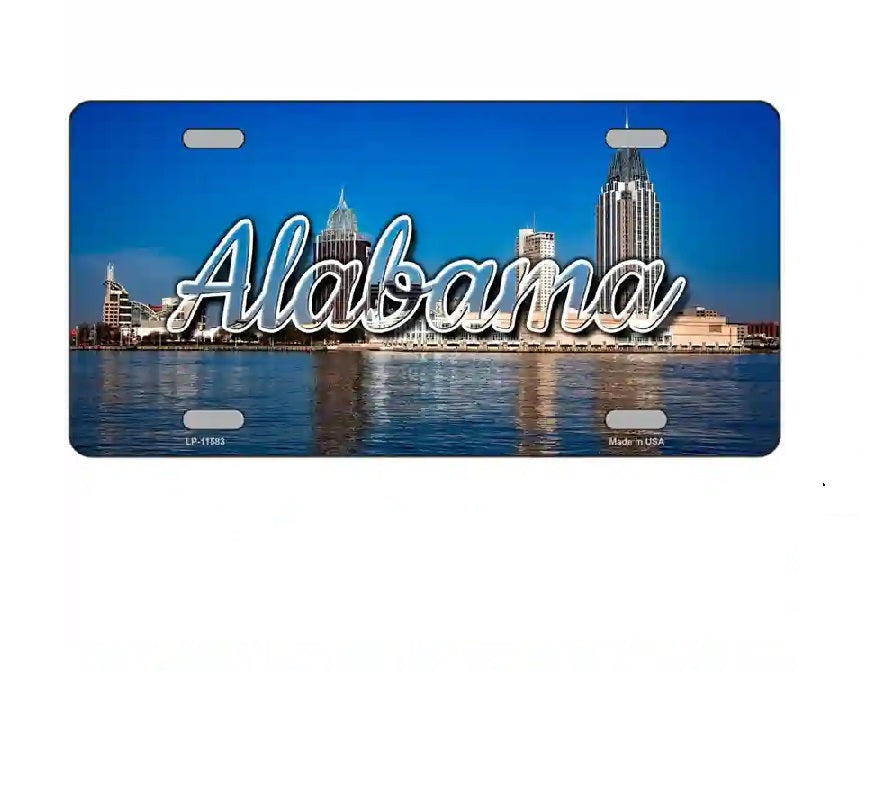 License plate with Alabama skyline design on a blue background