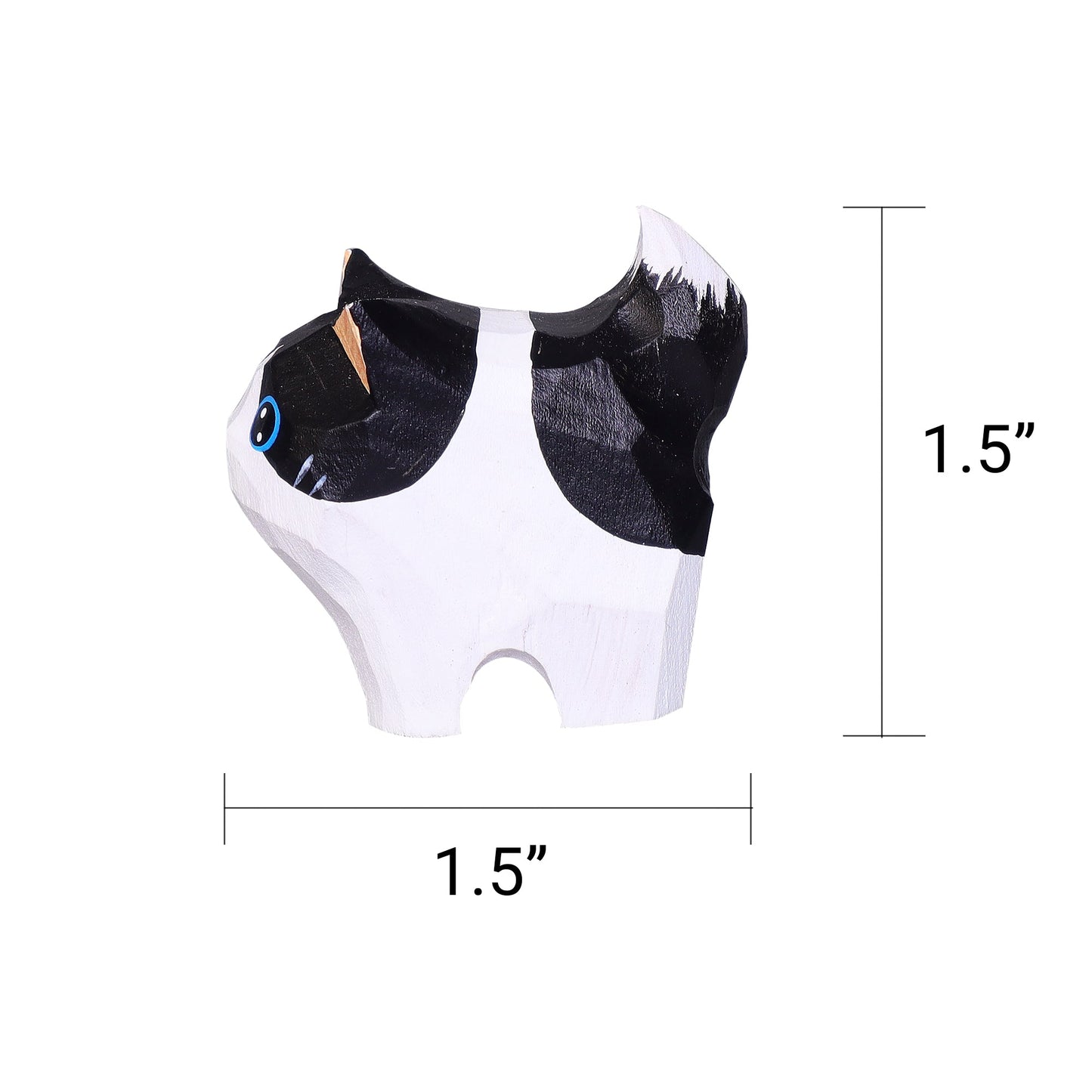 White Hand-Carved Wooden Cat with black ears and measurements on a white background