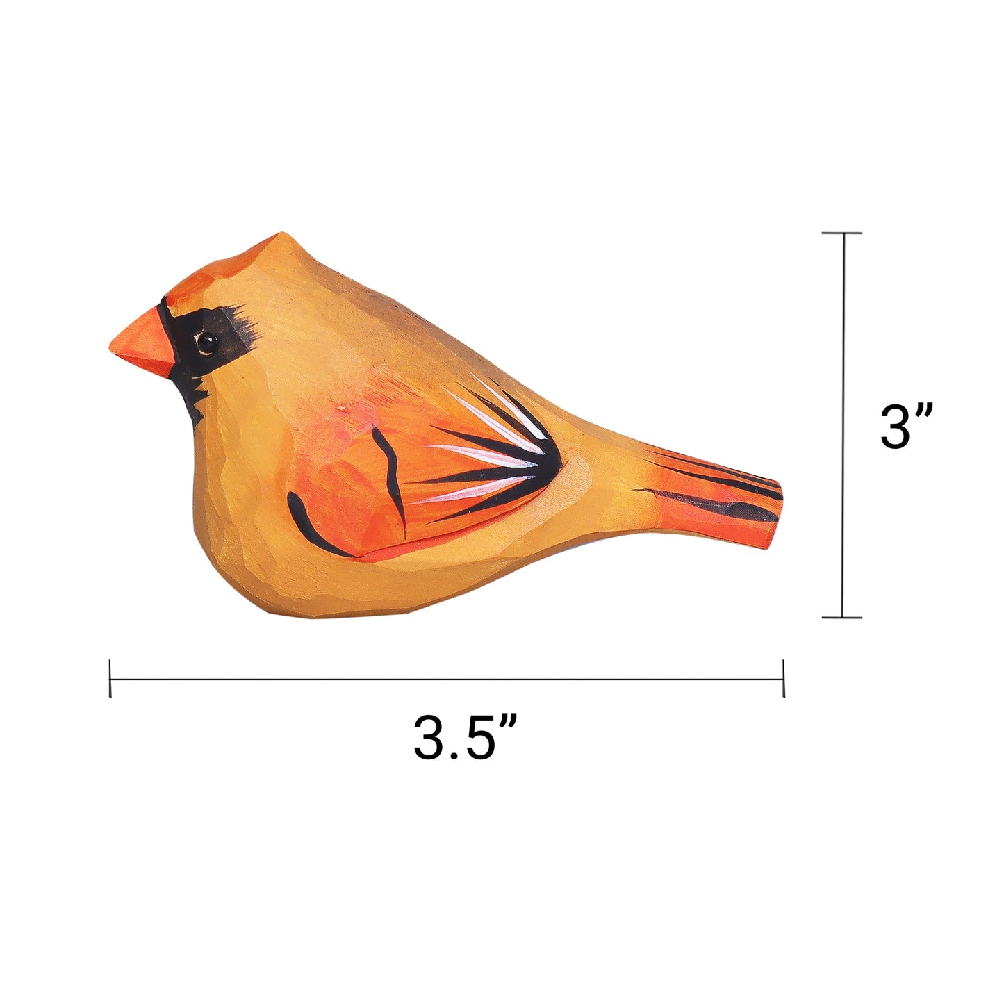 Hand Carved Cardinal Bird with dimensions labeled on a white background