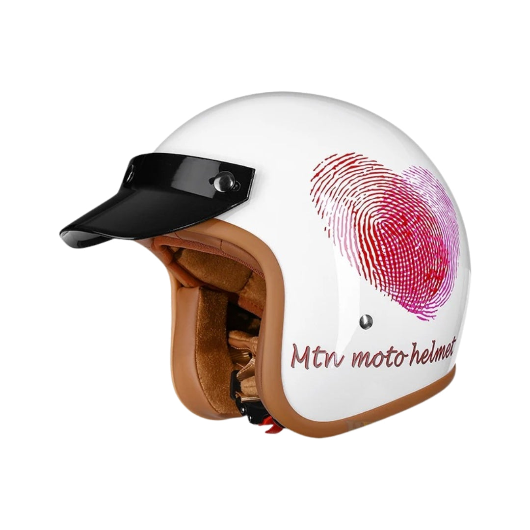 White motorcycle helmet with brown leather chin strap and fingerprint design on a white background