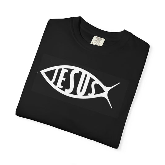Black t-shirt with 'Jesus' design on a white background