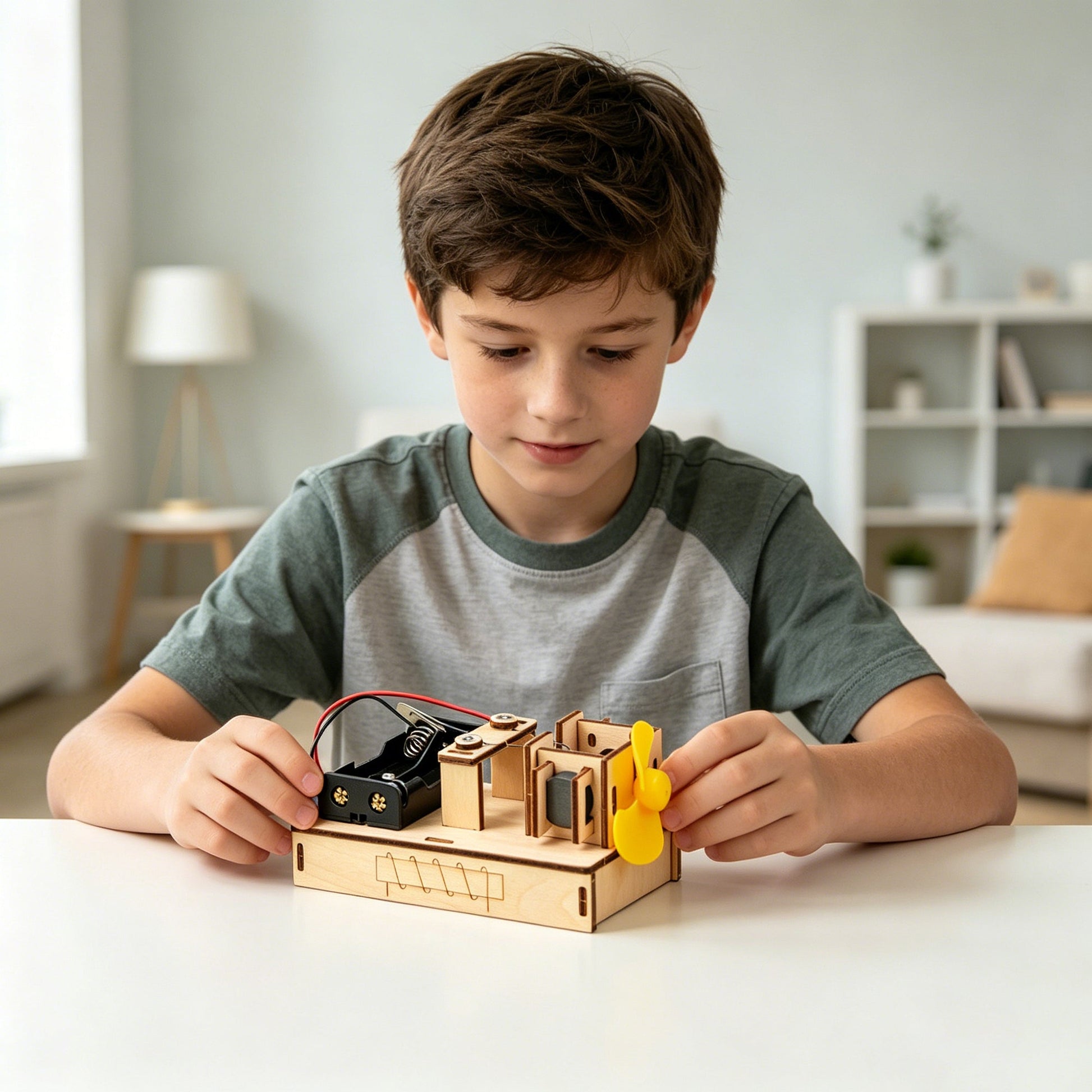 Child playing with a wooden toy on a table in a room with a lamp and shelves in the background.
