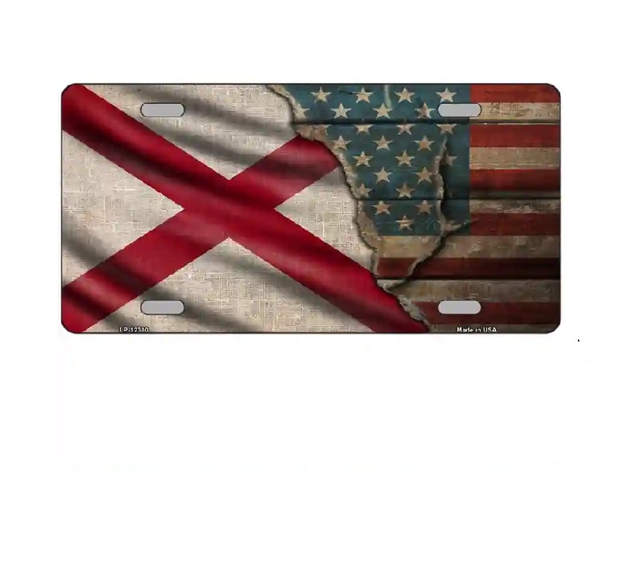 License plate with a design of the American flag and a state outline on a textured background