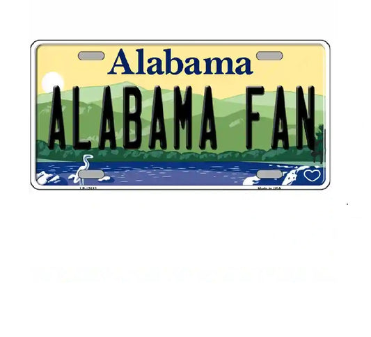License plate with 'Alabama Fan' text and scenic design on a white background