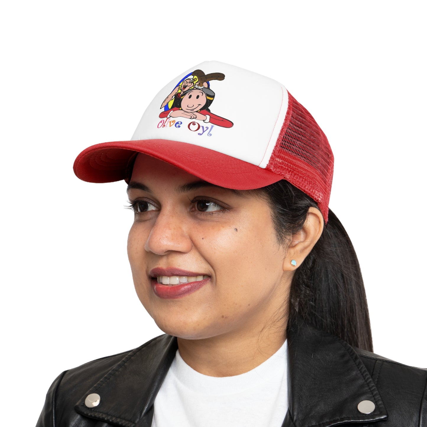 Red Olive Oyl Popeye Mesh Polyester Ball Cap Modeled