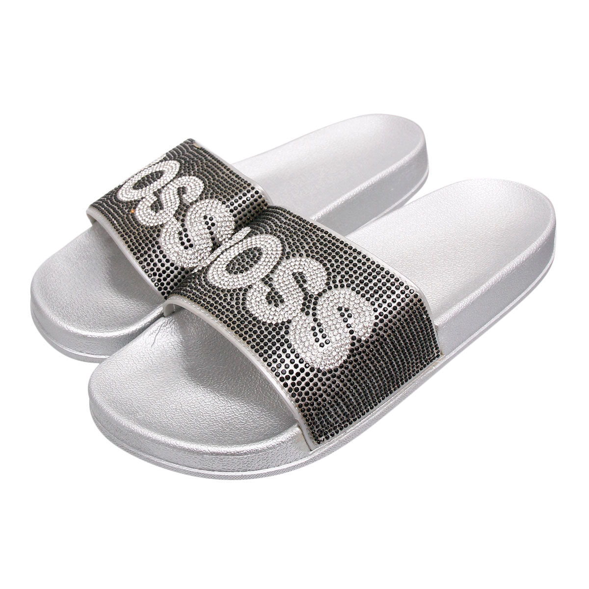 Size 11 Black BOSS Silver Slides