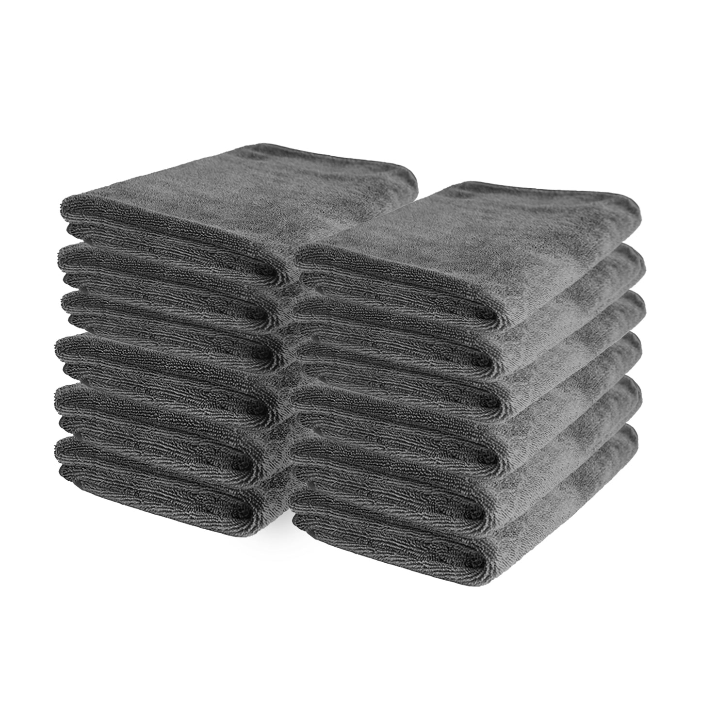 Stack of gray folded Microfiber Car Cleaning Cloths on a white background