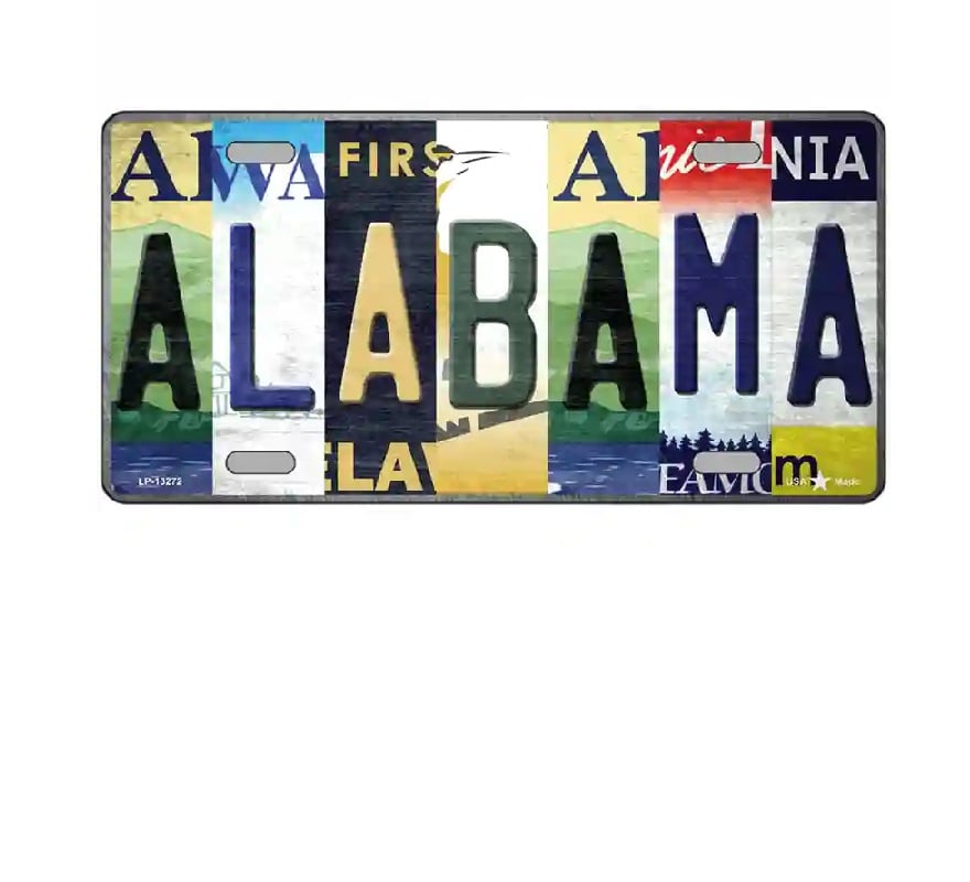 License plate with 'Alabama' text made from various license plates