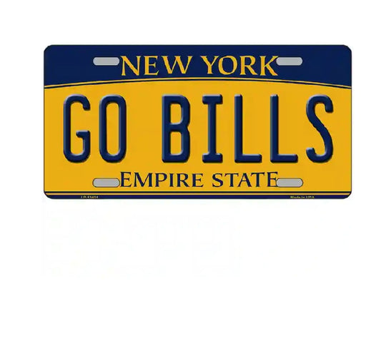 Yellow and blue license plate with 'GO BILLS' text on a white background