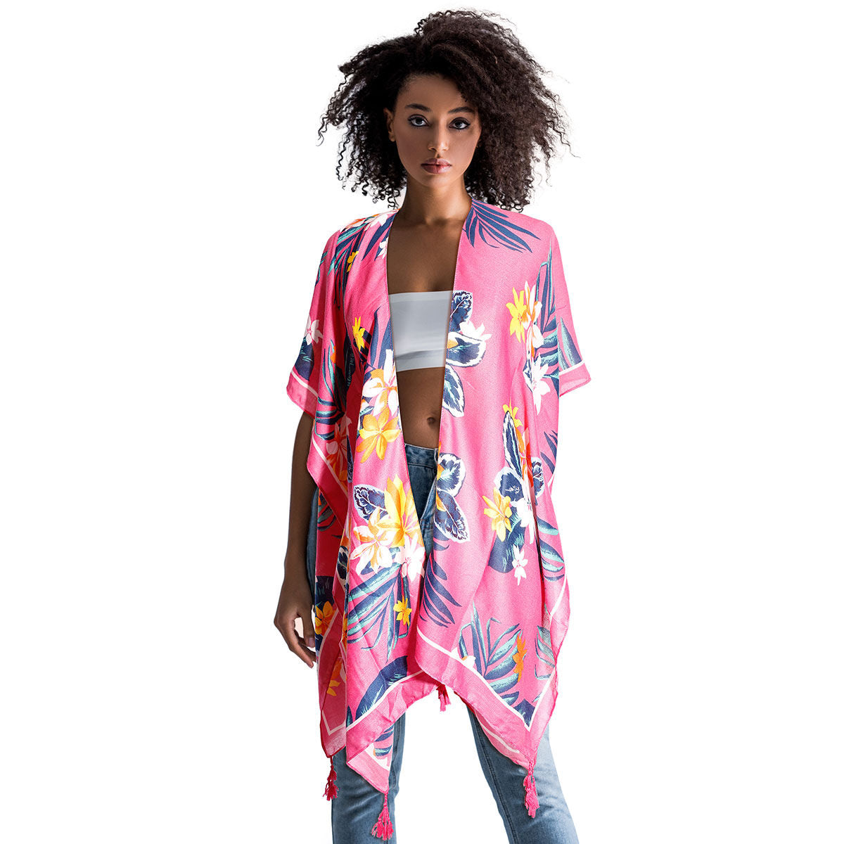 Fuchsia Tropical Floral Tassel Kimono