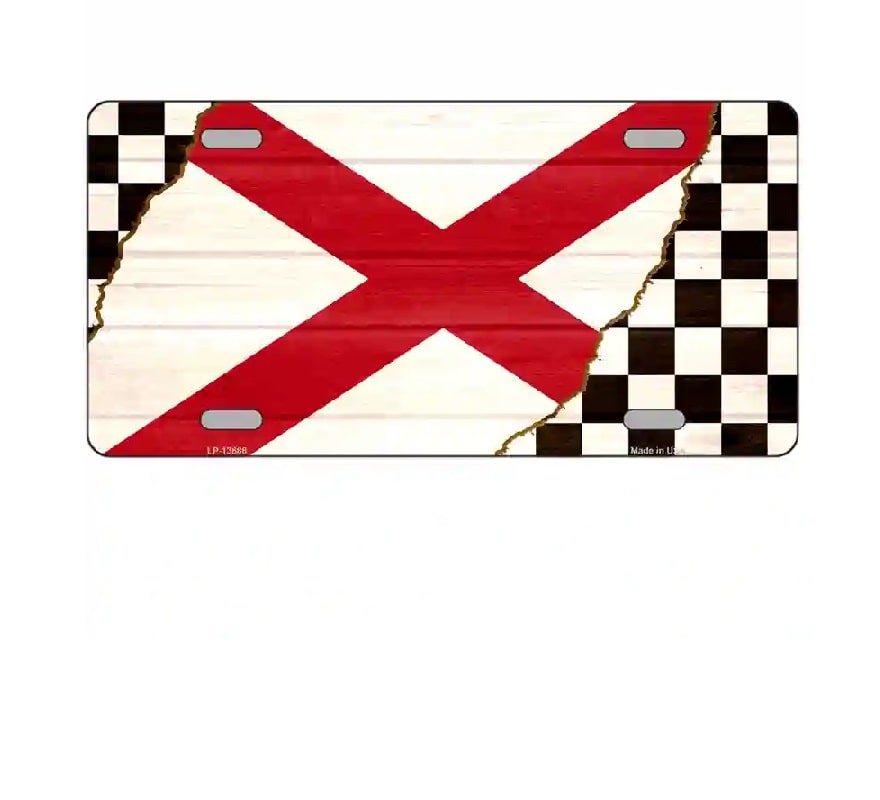 License plate with a red and white cross design on a checkered border