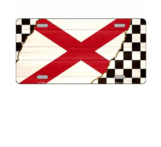 License plate with a red and white cross design on a checkered border