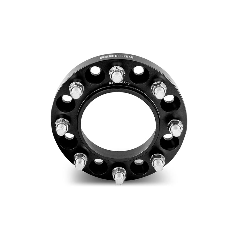Black wheel spacer with brand name on a white background