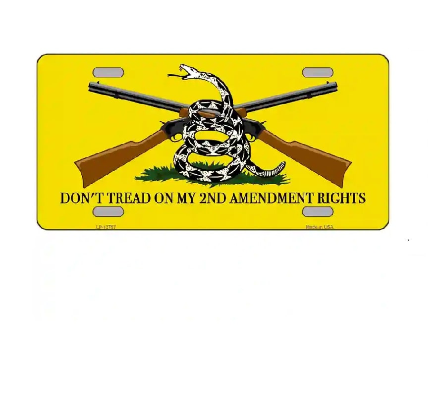 License plate with crossed rifles and snake design, featuring text 'Don't Tread on My 2nd Amendment Rights' on a yellow background.