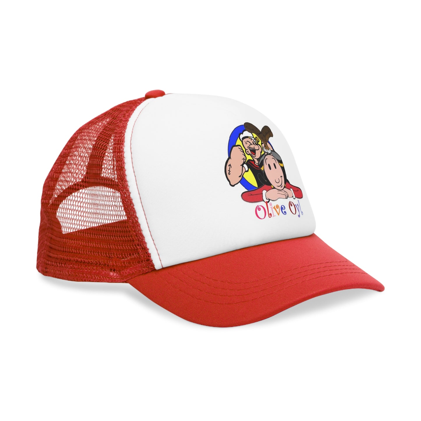 Side View Red Olive Oyl Popeye Mesh Polyester Ball Cap