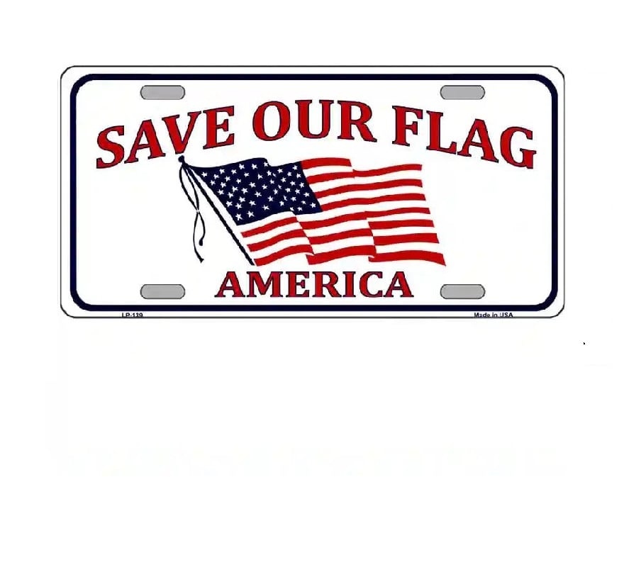 License plate with American flag and text 'Save Our Flag America' on a white background