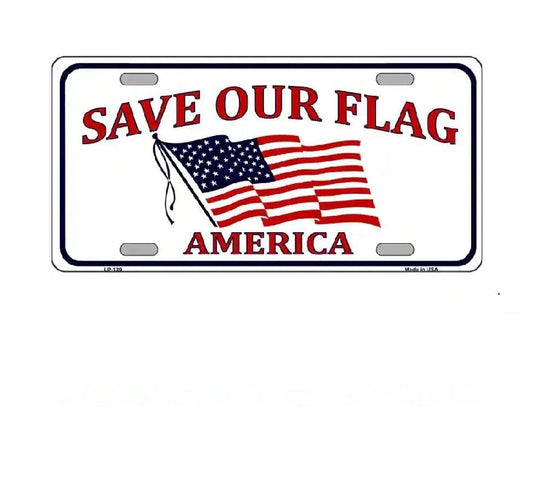License plate with American flag and text 'Save Our Flag America' on a white background