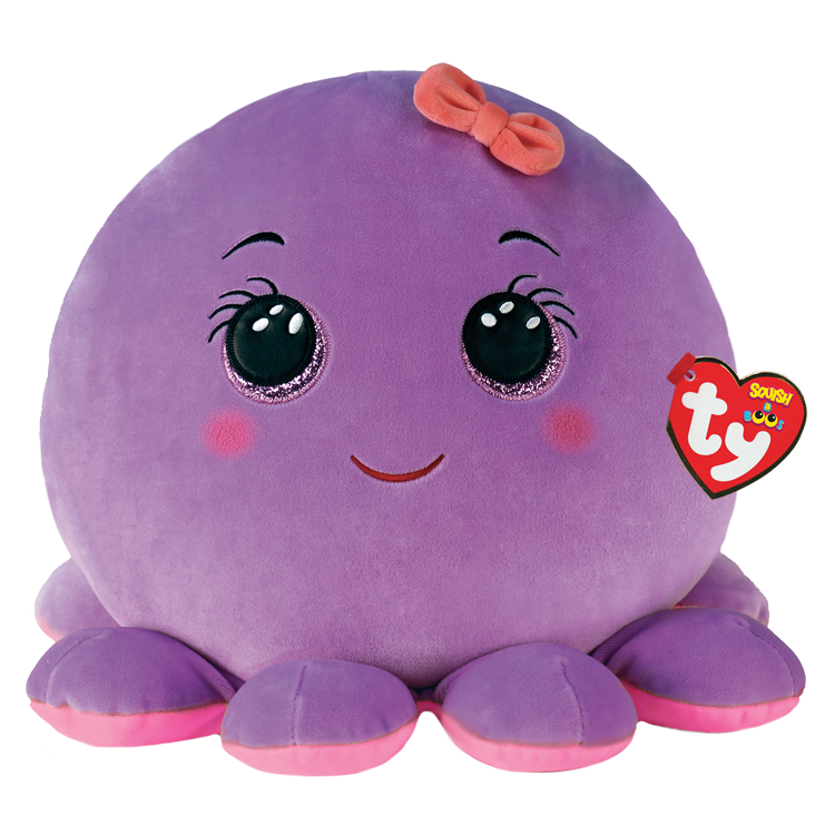 Purple plush toy with a bow on a white background