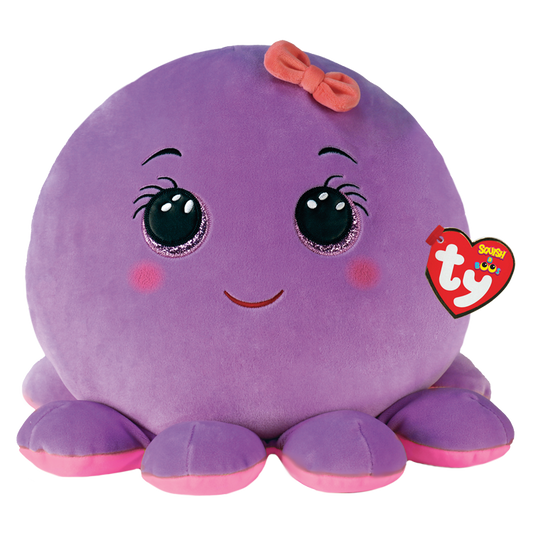 Purple plush toy with a bow on a white background