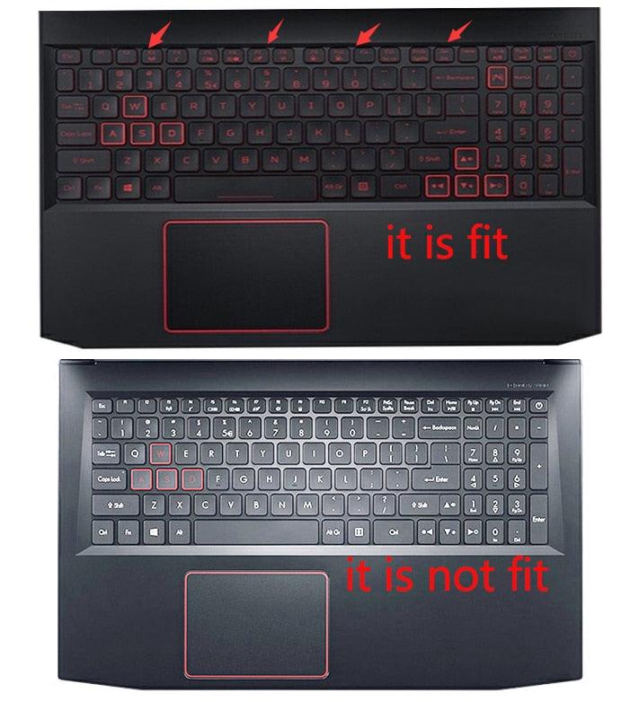 Two views of a black keyboard with red text on a white background