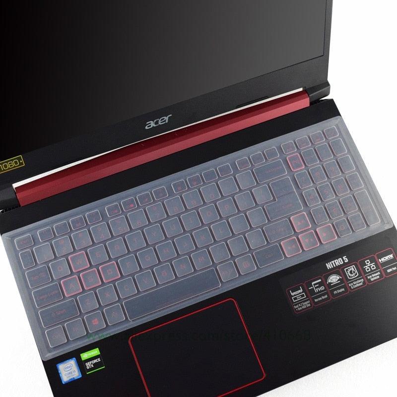 Acer laptop with a clear keyboard cover on a white background