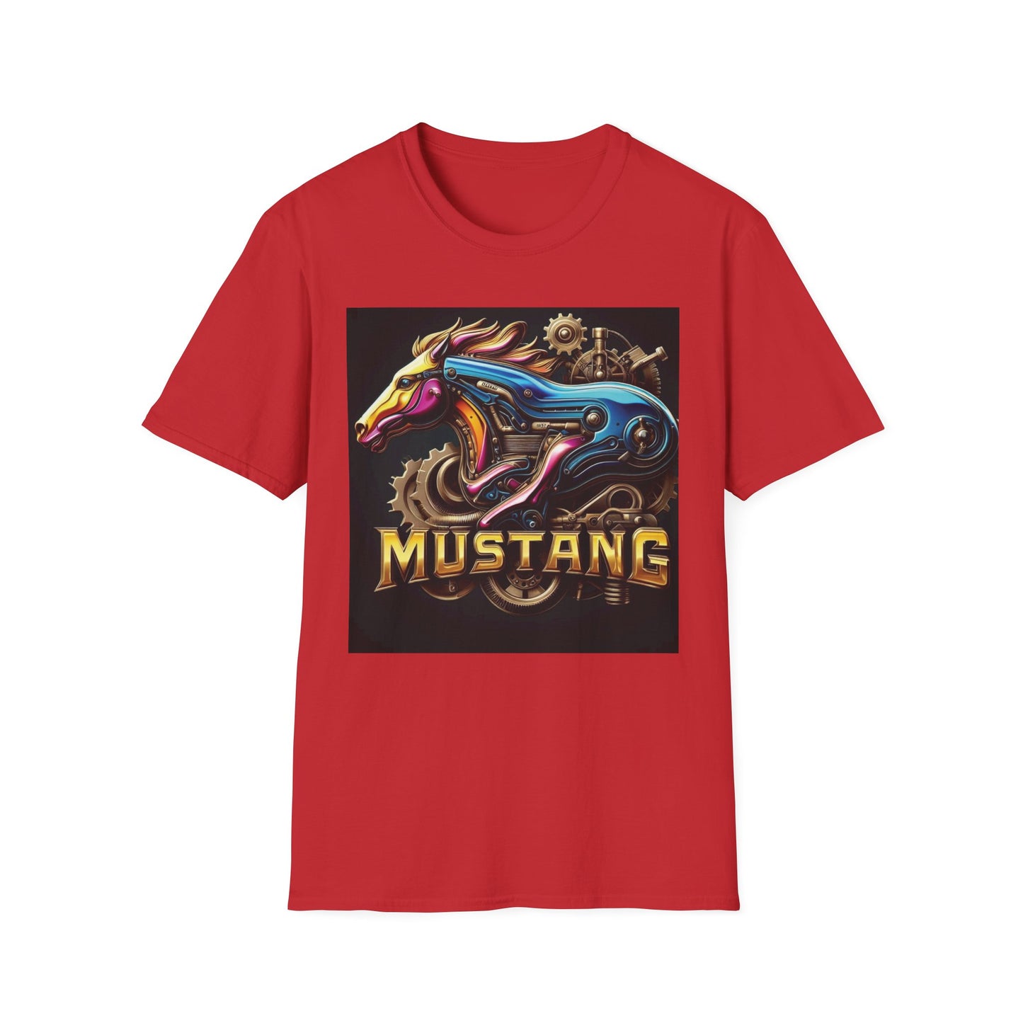 A red short-sleeve crewneck t-shirt featuring a large graphic print on the front. The graphic depicts a stylized blue and gold Mustang horse head with gears and the word 'MUSTANG' in gold lettering, set against a black rectangular background.