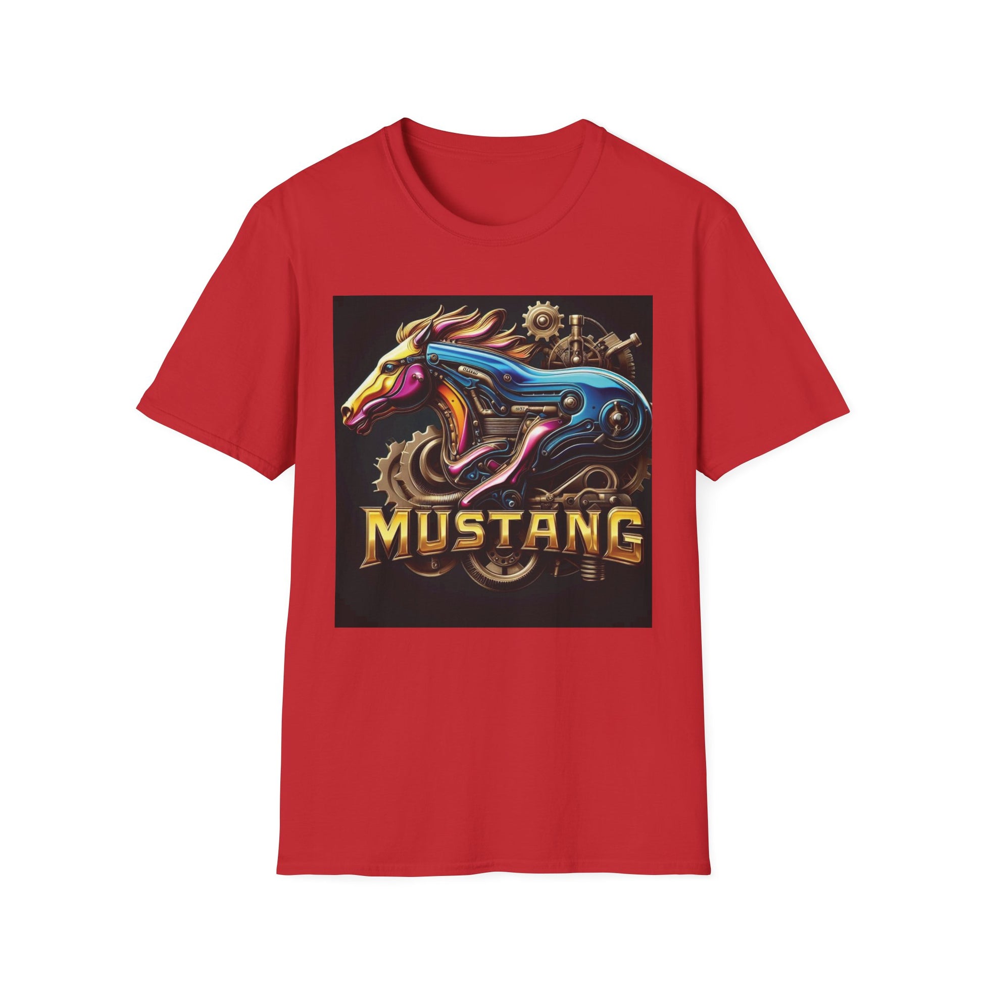 A red short-sleeve crewneck t-shirt featuring a large graphic print on the front. The graphic depicts a stylized blue and gold Mustang horse head with gears and the word 'MUSTANG' in gold lettering, set against a black rectangular background.