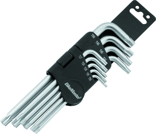Set of Allen keys with a black holder on a white background